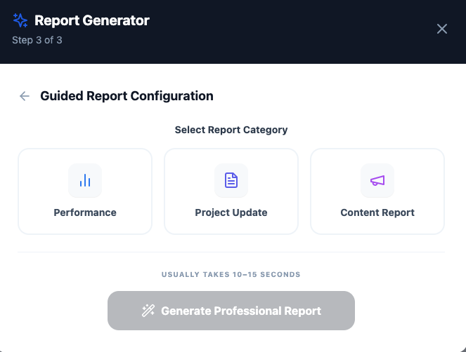 ClientDeck guided report type selection showing three options: Performance Report, Project Update, and Content Report