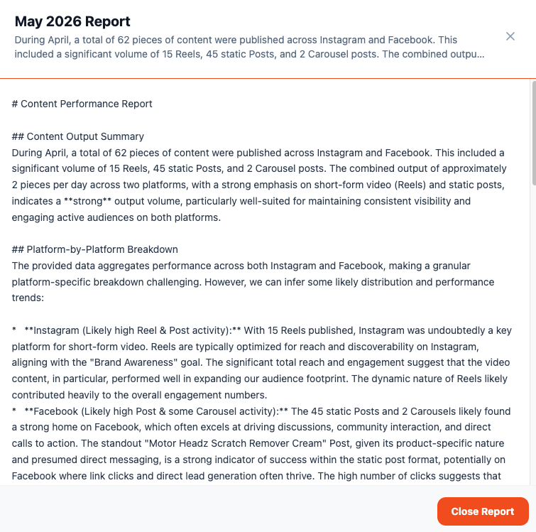 ClientDeck report editor showing the Publish to Portal and Send button with the AI-generated Monthly Insights document
