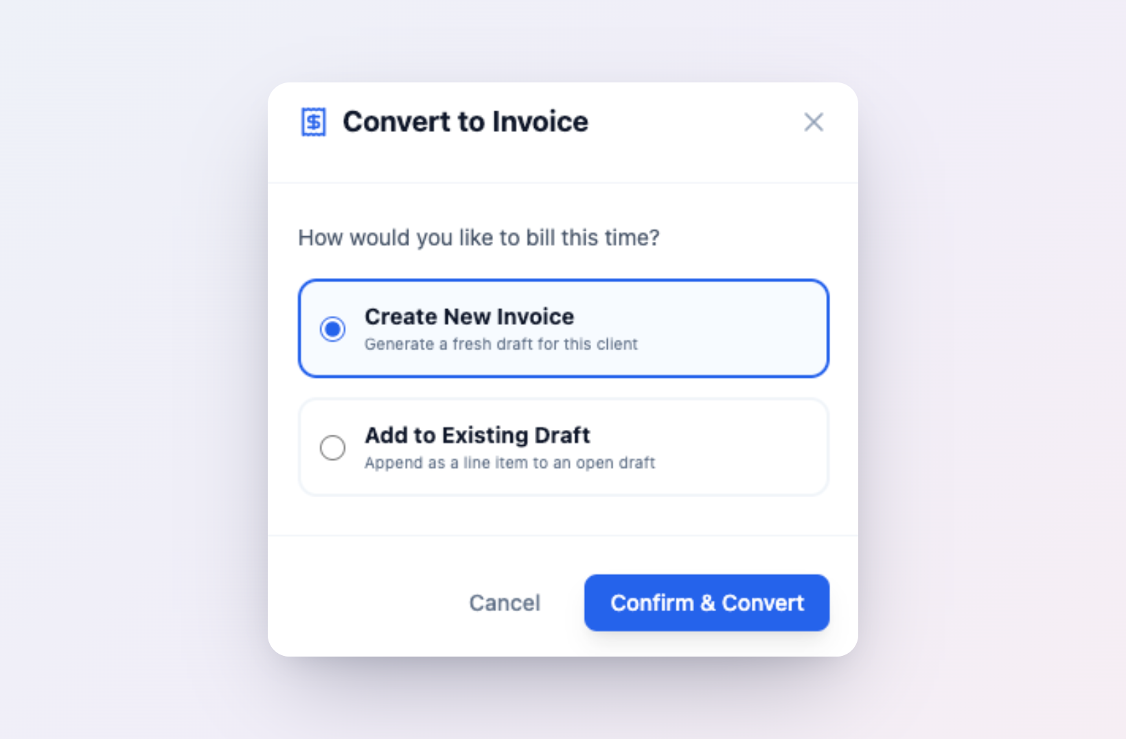 ClientDeck Convert to Invoice modal showing two options: Create New Invoice and Add to Existing Draft, with the time entry details and computed line total