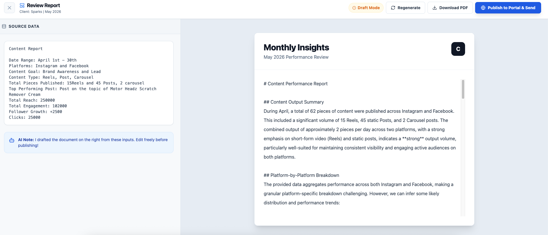 ClientDeck split-panel report editor showing source data on the left and an AI-generated Monthly Insights document on the right