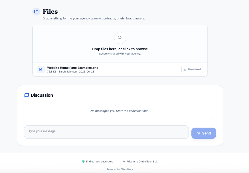Client portal Shared Files section with a downloadable file and a two-way upload, plus a discussion chat thread below it