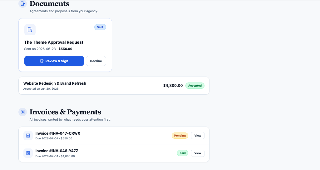 Client portal showing a proposal to review and e-sign next to a list of paid and pending invoices