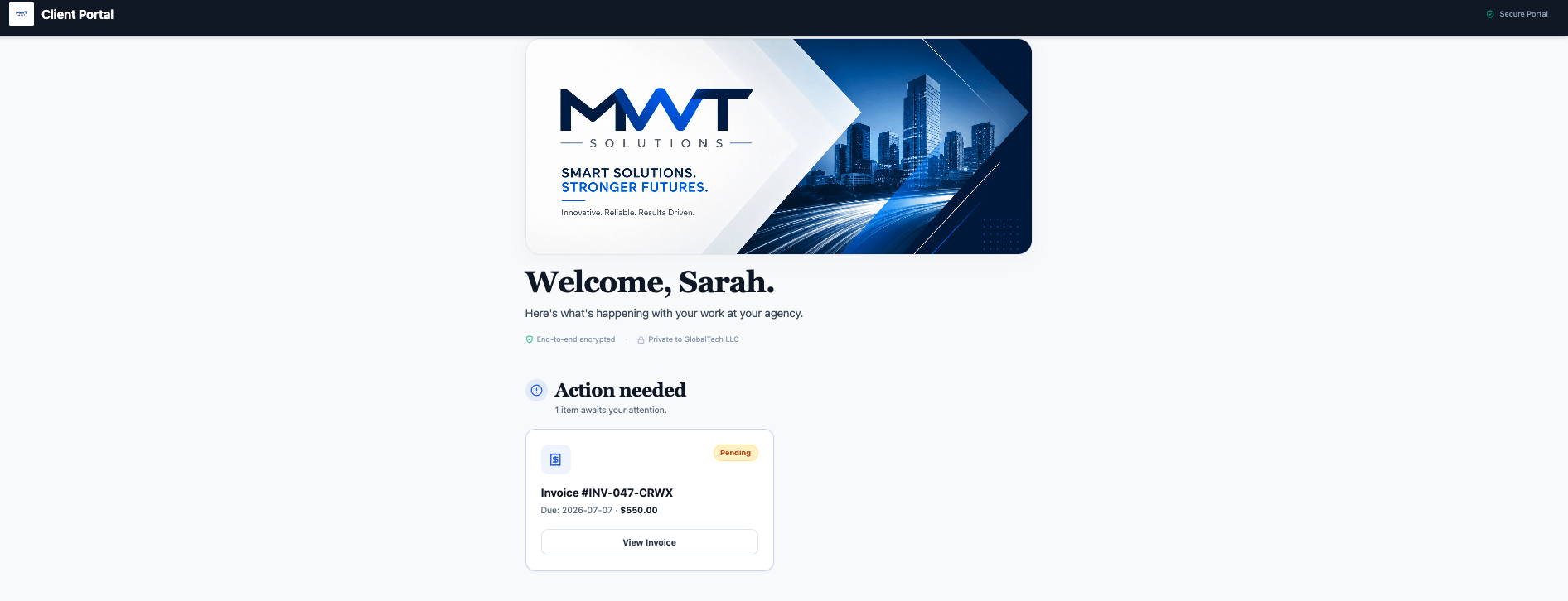 Example of a client portal: a branded welcome screen with the client logo banner and a payable invoice flagged under Action needed