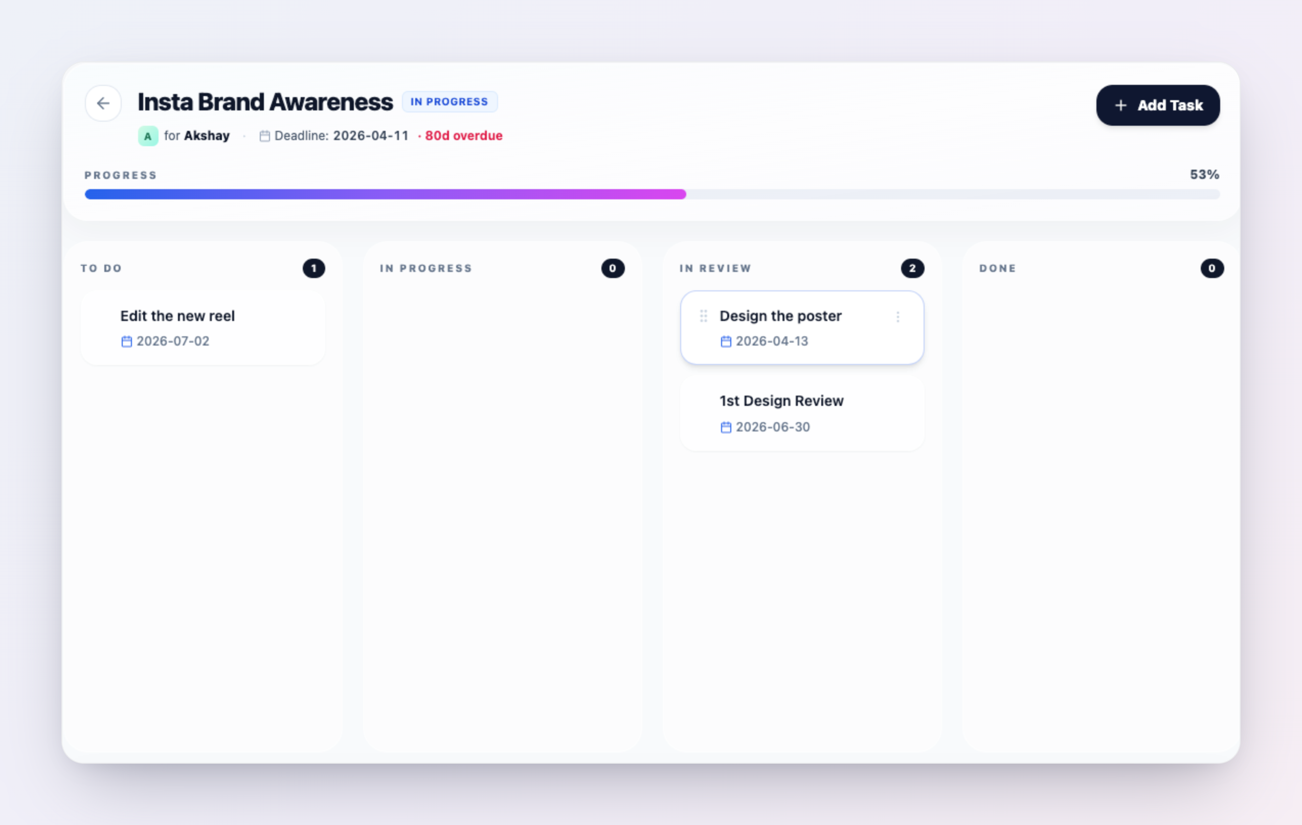 ClientDeck project task board with four columns — To Do, In Progress, In Review, Done — and task cards distributed across them