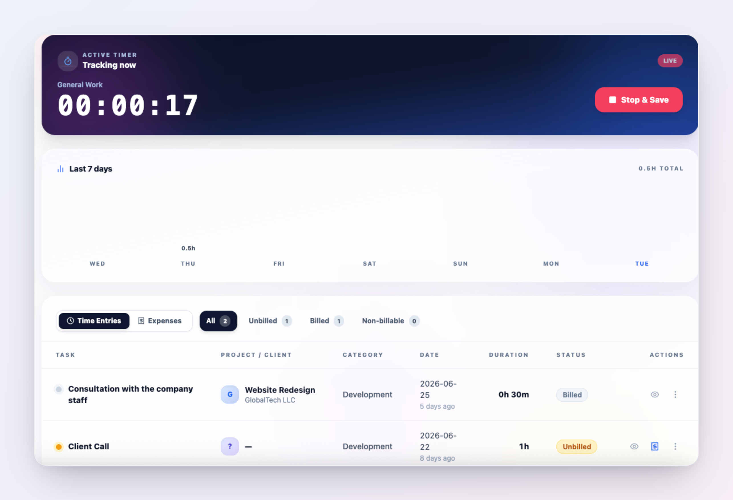 ClientDeck Time and Expenses workspace showing the live timer running at the top and a list of unbilled time entries below, each with a task name, project, duration in hours, and value