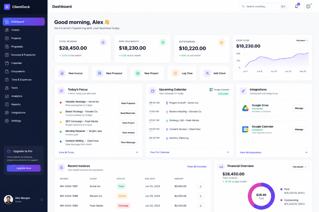 ClientDeck client management dashboard showing projects, invoices, and client portals in one workspace